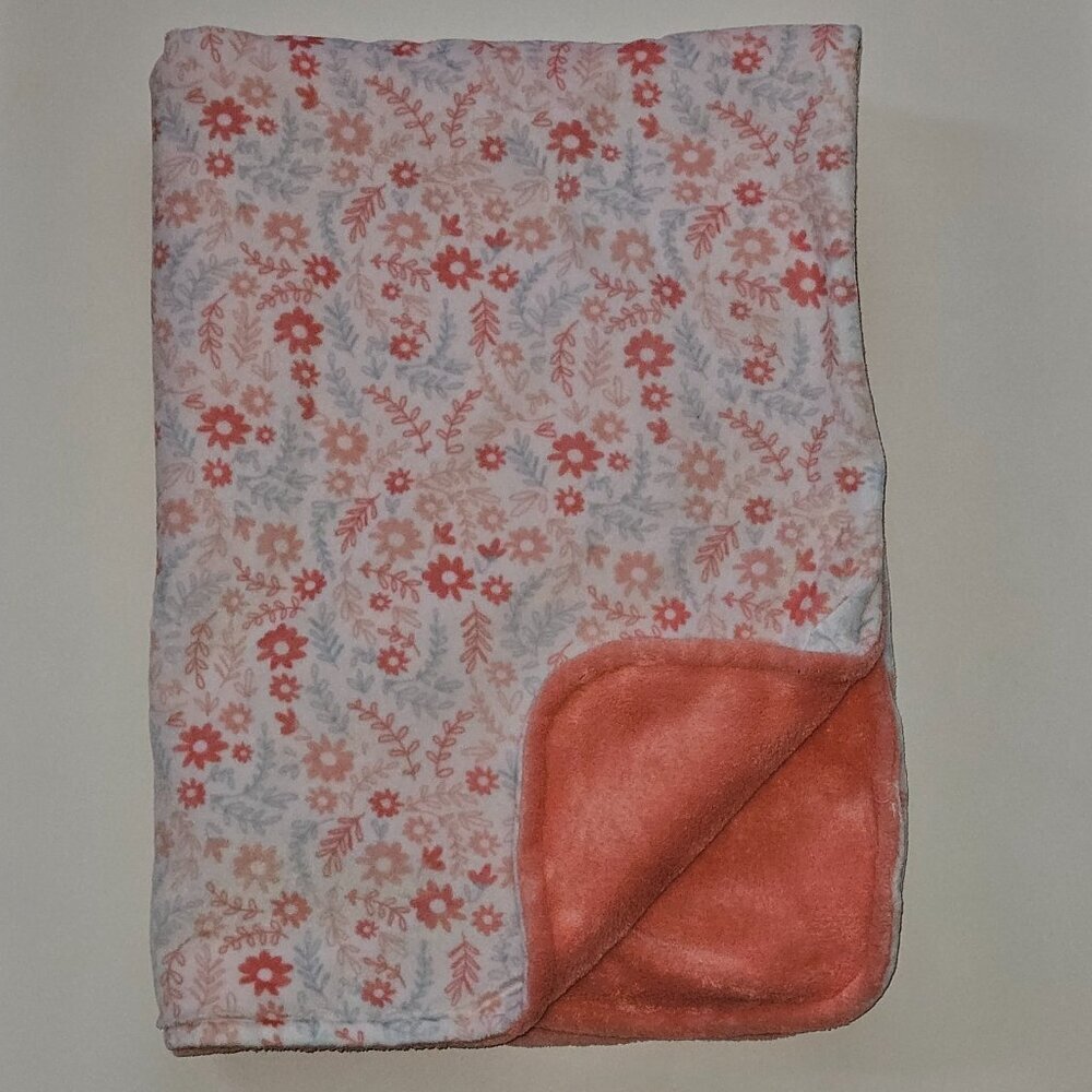 Parent's Choice Floral Fleece Baby Blanket Coral Pink White Blue 27x38